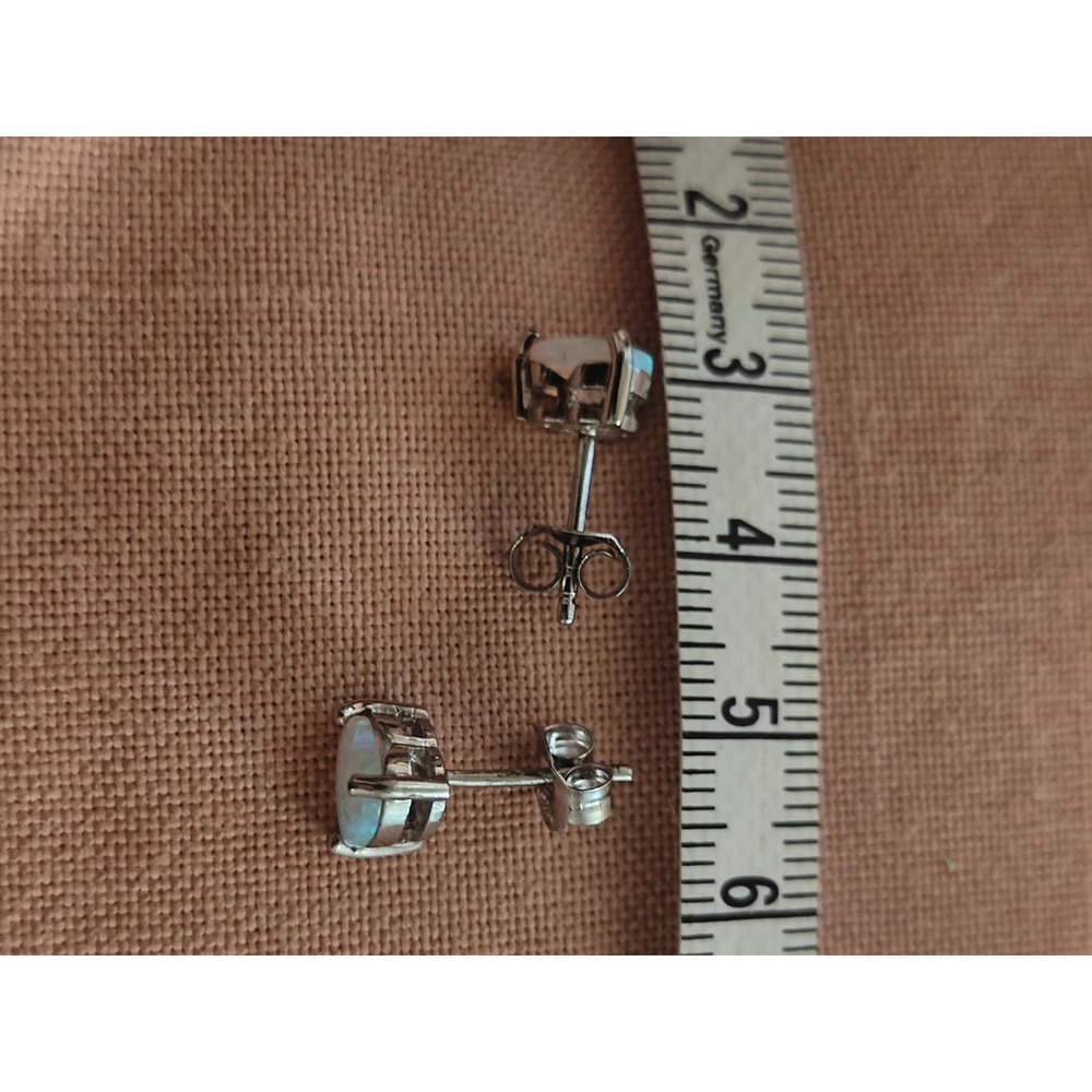 925 Sterling Silver Heart Lab Opal Stud Earrings Iridescent White Blue Dainty - Picture 3 of 3